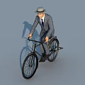 A Man in Suit and Hat Riding a Classic Bicycle on Gray Background