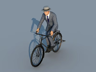 A Man in Suit and Hat Riding a Classic Bicycle on Gray Background 3d model