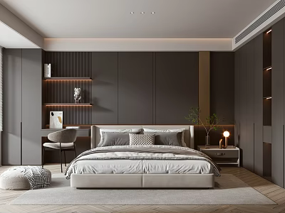Modern Bedroom Interior Design With Upholstered Headboard Nightstand Lamp And Green Plant 3d model