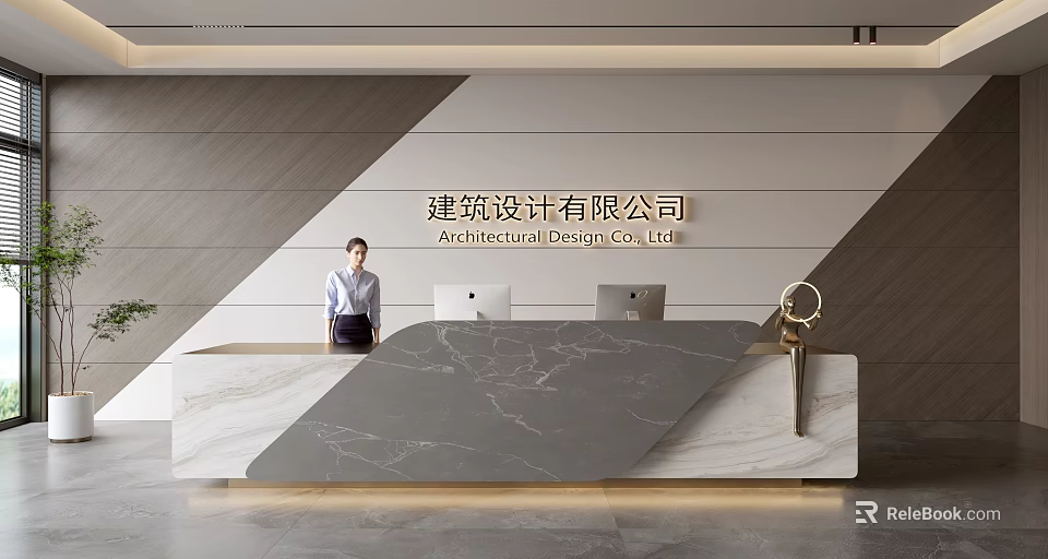 Modern Architectural Design Company Reception Desk With Marble Countertop And Receptionist 3d model 