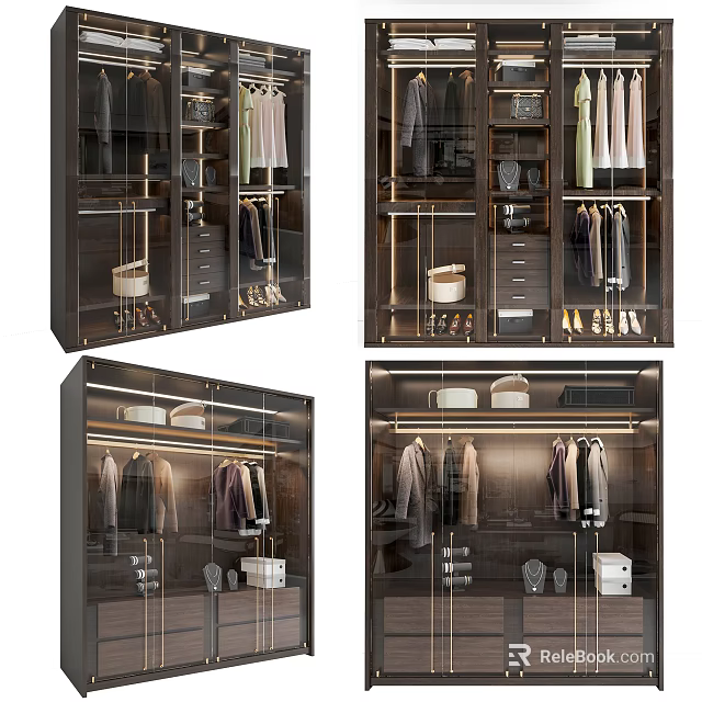 Modern Luxury Wardrobe Interior With Glass Doors Hanging Rods Drawers And Storage Solutions 3d model 