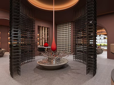 Luxurious Interior With Black Lattice Screens Red Teardrop Fountain Circular Ceiling Lamp And Wine Racks 3d model