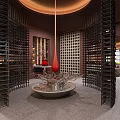 Luxurious Interior With Black Lattice Screens Red Teardrop Fountain Circular Ceiling Lamp And Wine Racks