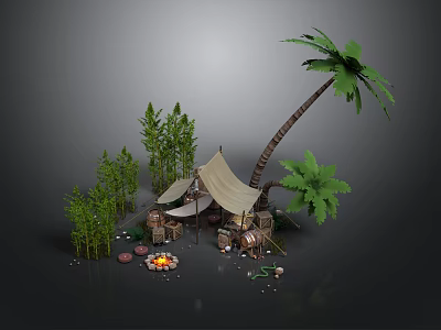 Rustic Outdoor Camping Tent Furniture With Palm Tree Bamboo And Campfire Stones 3d model