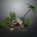 Rustic Outdoor Camping Tent Furniture With Palm Tree Bamboo And Campfire Stones