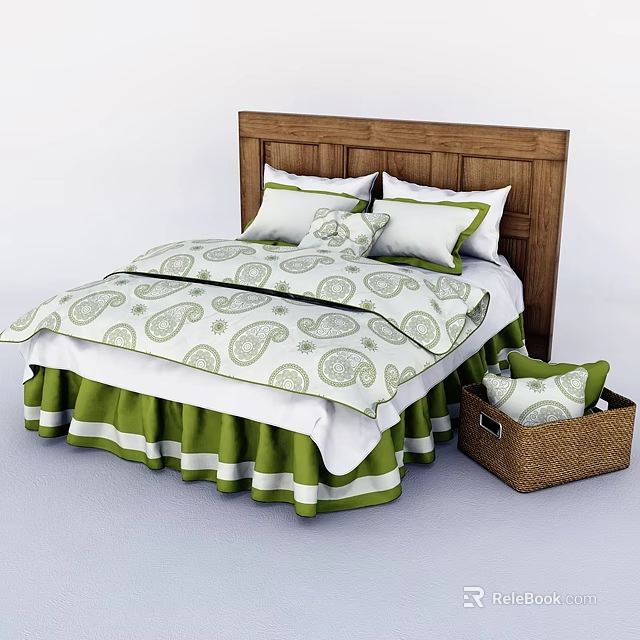 Double Bed With Wooden Headboard Green White Paisley Pattern Bedding And Wicker Basket Pillow 3d model 