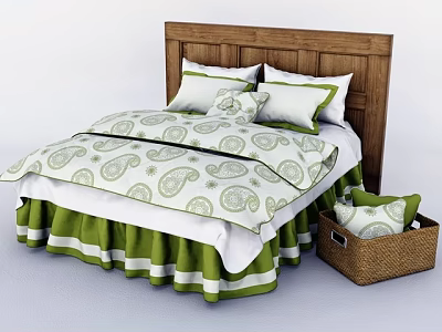 Double Bed With Wooden Headboard Green White Paisley Pattern Bedding And Wicker Basket Pillow 3d model