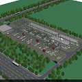 Industrial Factory With Surrounding Greenery Near Road And Vehicles Modern Layout Facilities