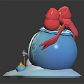 Festive Blue Decorative Building With White Patterns Brown Wooden Door Red Bow And Snowman Figure
