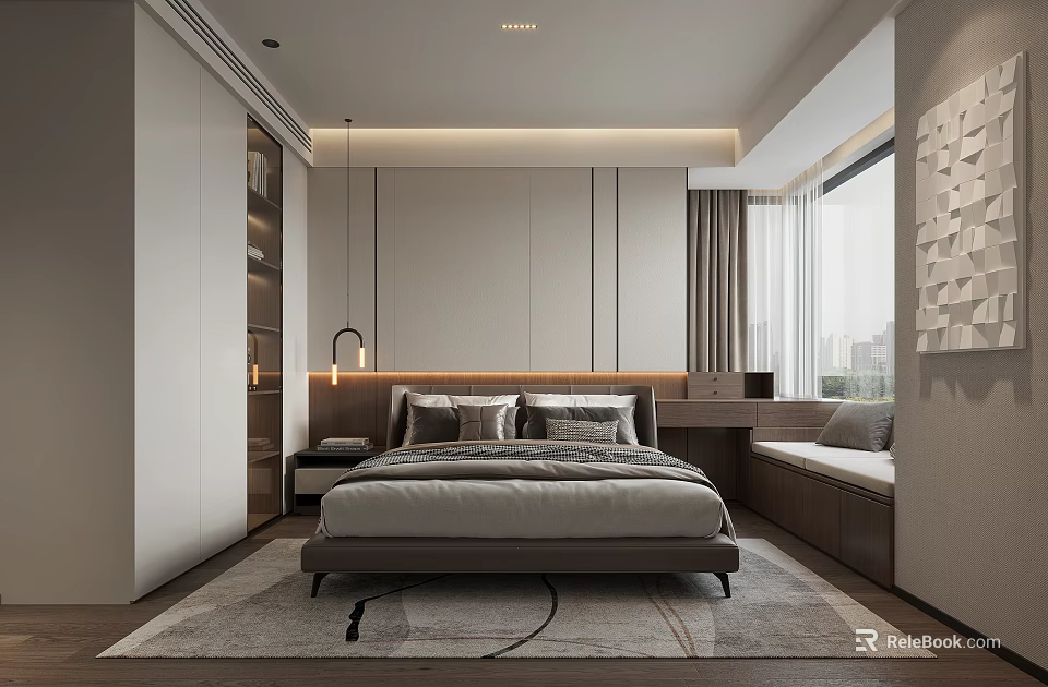 Modern Bedroom Interior With Platform Bed Wardrobe Area Rug And Window Curtains 3d model