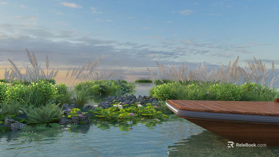 Scenic Park Landscape With Water Area Water Lilies Reeds And Wooden Deck 3d model 