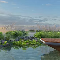 Scenic Park Landscape With Water Area Water Lilies Reeds And Wooden Deck
