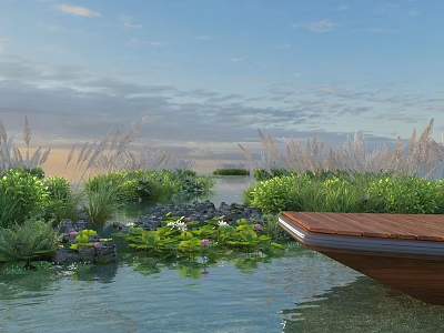 Scenic Park Landscape With Water Area Water Lilies Reeds And Wooden Deck 3d model