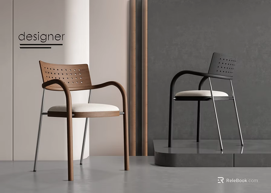 Designer Dining Chairs With Perforated Backrest Wooden Armrest And Light Seat Cushion 3d model 