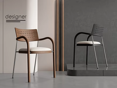 Designer Dining Chairs With Perforated Backrest Wooden Armrest And Light Seat Cushion 3d model