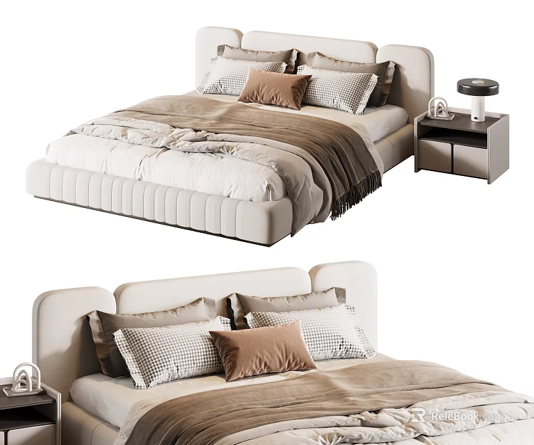 Modern Double Bed Bedroom Setting With Light Colored Pillows Blanket And Nightstand 3d model