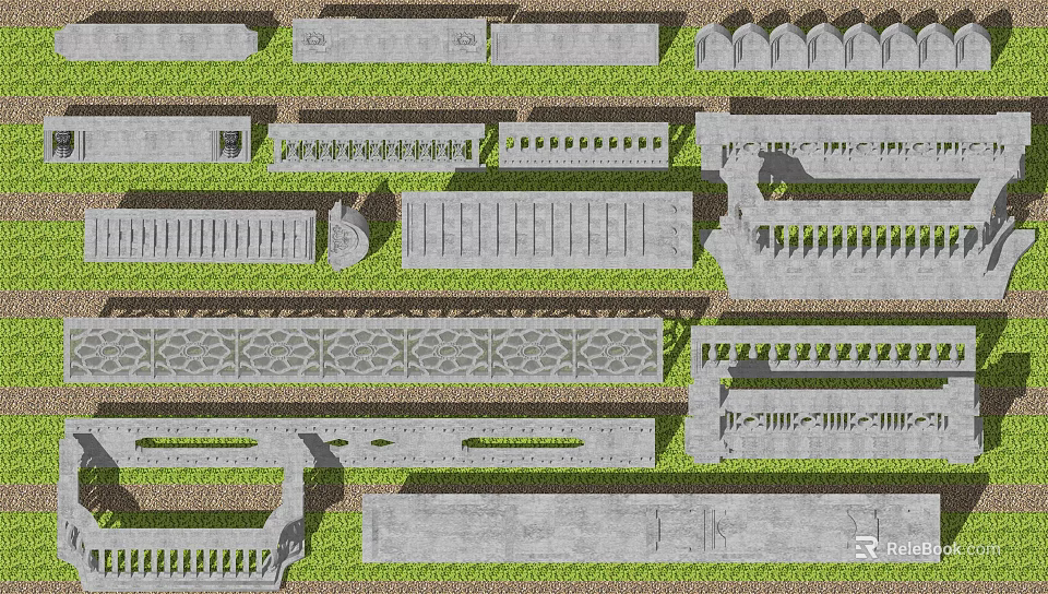 Various Decorative Concrete Fence Designs With Grass Strips And Patterns Layout 3d model