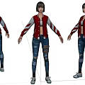 Game and Movie Character in Red White Jacket Blue Ripped Jeans Short Hair Three Angles