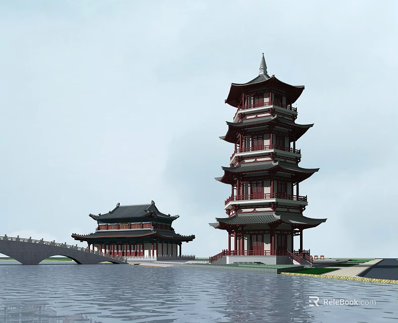 Traditional Chinese Multi story Pagoda With Ancient Buildings And Stone Bridge By Waterfront 3d model 