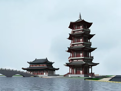 Traditional Chinese Multi story Pagoda With Ancient Buildings And Stone Bridge By Waterfront 3d model