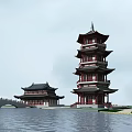 Traditional Chinese Multi story Pagoda With Ancient Buildings And Stone Bridge By Waterfront