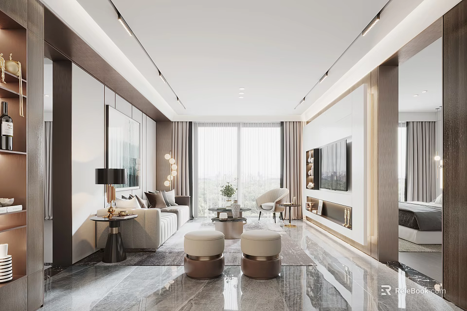 Modern Elegant Living Room With Marble Floor Sofa Coffee Table Floor-to-Ceiling Windows And TV Wall 3d model 