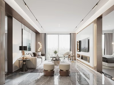 Modern Elegant Living Room With Marble Floor Sofa Coffee Table Floor-to-Ceiling Windows And TV Wall 3d model