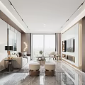 Modern Elegant Living Room With Marble Floor Sofa Coffee Table Floor-to-Ceiling Windows And TV Wall
