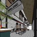 Central Street Commercial Area With Modern Architecture Outdoor Seating And Spiral Staircase