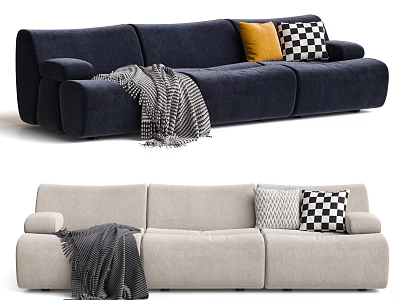 Modern Three Seater Fabric Sofa With Yellow And Black White Checkered Pillows And Gray Blanket 3d model
