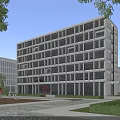 Modern White Multi storey School Building With Large Glass Windows Square Sculpture Pool And Green Trees