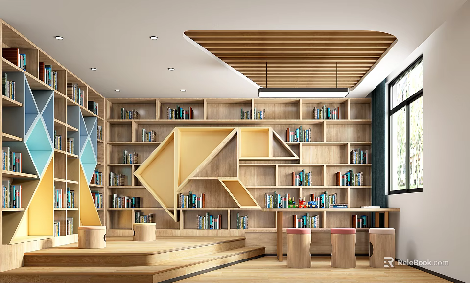 Book Art Library Interior With Wooden Bookshelves Geometric Yellow Blue Accents Platform Stools Natural Light 3d model 