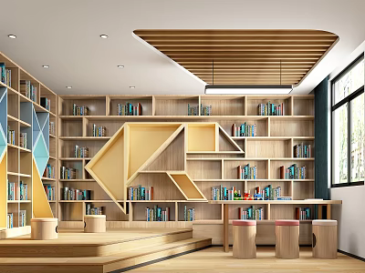 Book Art Library Interior With Wooden Bookshelves Geometric Yellow Blue Accents Platform Stools Natural Light 3d model