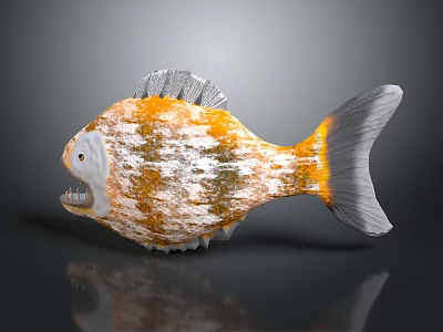 Orange and yellow spotted fish with grey fins tail and sharp teeth 3d model