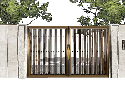 Modern Metal Entrance Gate With Double Doors Vertical Slats And Stone Walls 3d model
