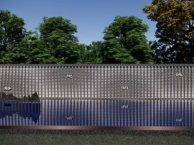 Modern Metal Feature Wall With Perforated Design And Tree Reflection In Water Pool 3d model