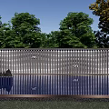Modern Metal Feature Wall With Perforated Design And Tree Reflection In Water Pool 3d model