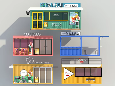 Colorful Container Architecture Creative Design For Various Shops Cafes Studios With Windows And Doors 3d model