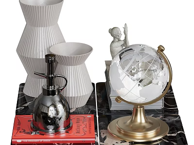 Modern Decorative Ornament Set With White Vases Metallic Figurine Gold Base Globe And Stacked Books 3d model
