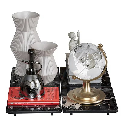 Modern Decorative Ornament Set With White Vases Metallic Figurine Gold Base Globe And Stacked Books 3d model