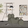 Black and White Striped Single Sofa with Ottoman Green Plant and Floor Lamp in Interior