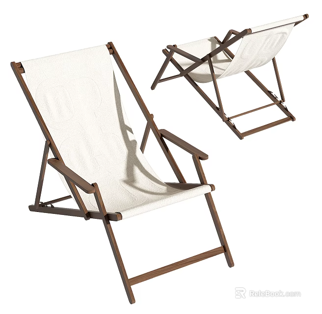 Brown Wooden Frame Folding Leisure Chair With White Fabric Seat And Backrest 3d model 