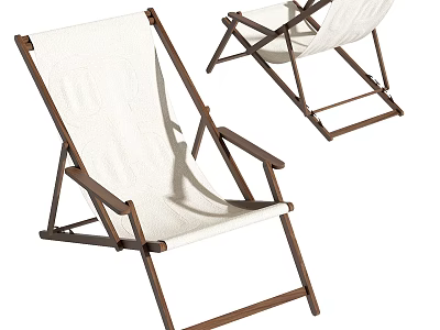 Brown Wooden Frame Folding Leisure Chair With White Fabric Seat And Backrest 3d model