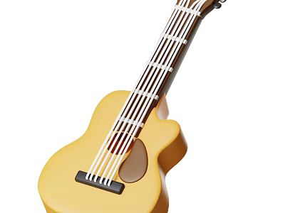 Yellow Acoustic Guitar With Wooden Curved Body And Metal Strings Design 3d model