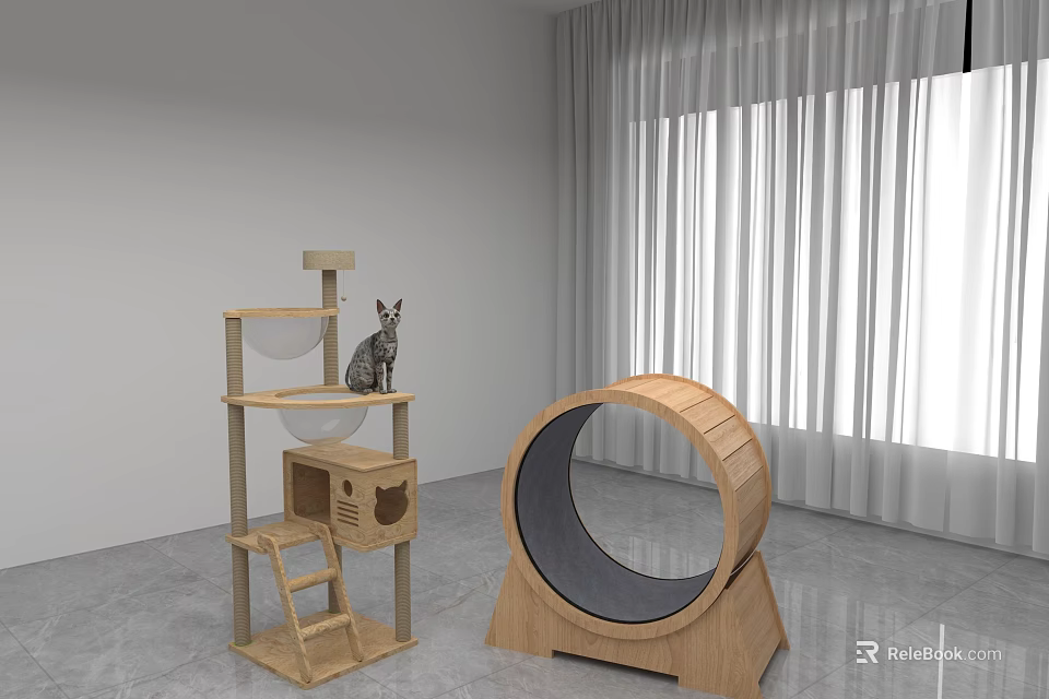 Indoor Animal Decor Featuring Wooden Cat Tree And Circular Cat Wheel By Window Curtain 3d model 