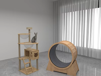 Indoor Animal Decor Featuring Wooden Cat Tree And Circular Cat Wheel By Window Curtain 3d model