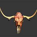Decorative Bull Skull With Long Horns Red Yellow On Dark Background With Reflection