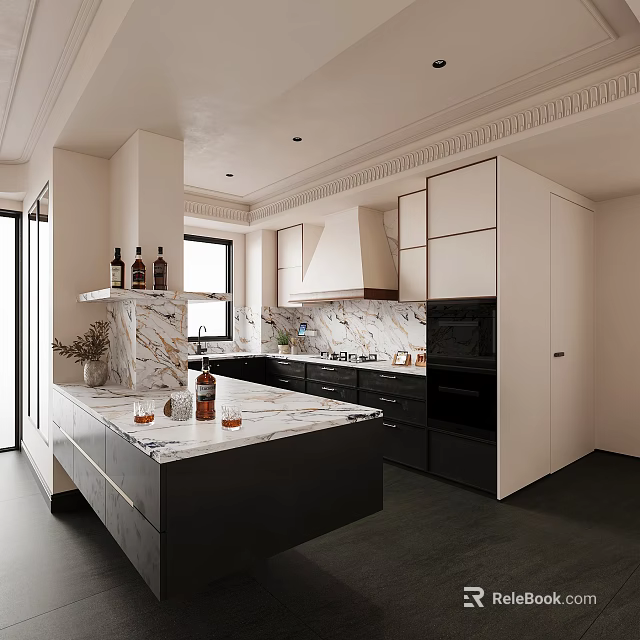 Modern Restaurant Kitchen Interior with Marble Counter Black Cabinets White Range Hood and Wine Bottles 3d model 