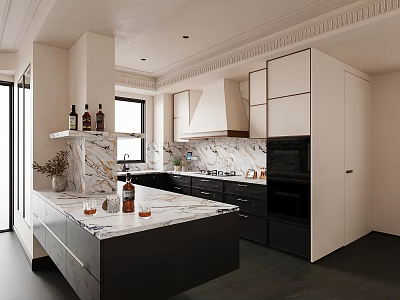 Modern Restaurant Kitchen Interior with Marble Counter Black Cabinets White Range Hood and Wine Bottles 3d model
