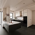 Modern Restaurant Kitchen Interior with Marble Counter Black Cabinets White Range Hood and Wine Bottles